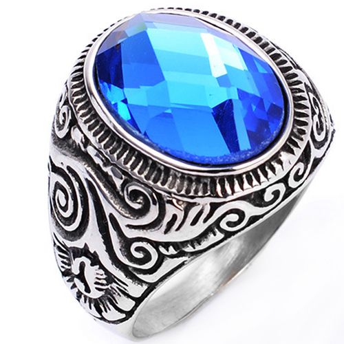 ***COI Titanium Black Silver Celtic Ring With Created Blue Topaz-00009