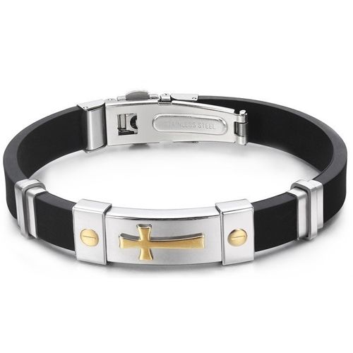 ***COI Titanium Silver/Gold Tone Silver Cross Rubber Bracelet With Steel Clasp(Length: 8.27 inches)-00021A