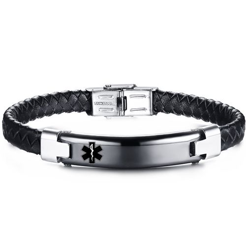 ***COI Titanium Black Silver Medical Alert Genuine Leather Bracelet With Steel Clasp(Length: 8.46 inches)-00027A