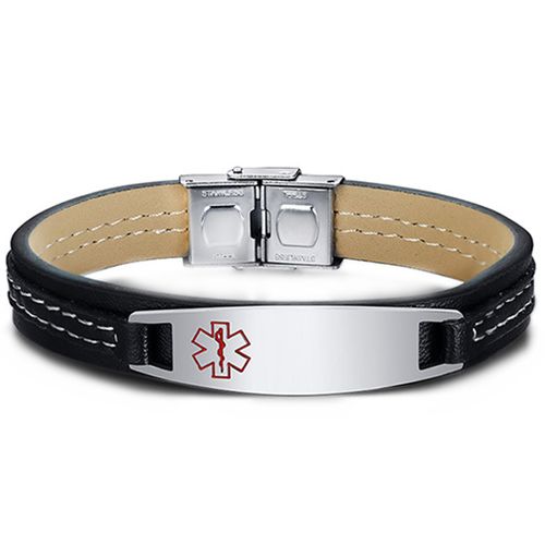 ***COI Titanium Medical Alert Genuine Leather Bracelet With Steel Clasp(Length: 8.27 inches)-00029A