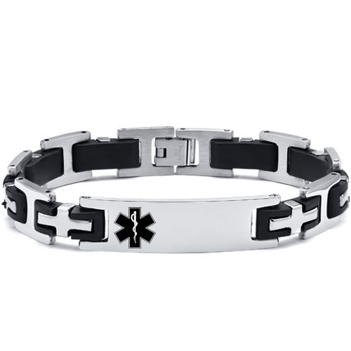 ***COI Titanium Black Silver Cross Medical Alert Bracelet With Steel Clasp(Length: 8.46 inches)-00030A