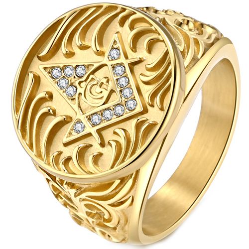 ***COI Gold Tone Titanium Masonic Freemason Ring With Cubic Zirconia-00040A