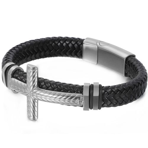 ***COI Titanium Black/Gold Tone/Silver Cross Genuine Leather Bracelet With Steel Clasp(Length: 8.46 inches)-00047A