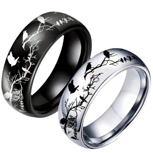 ***COI Titanium Black/Silver Branches & Bird Dome Court Ring-00056A