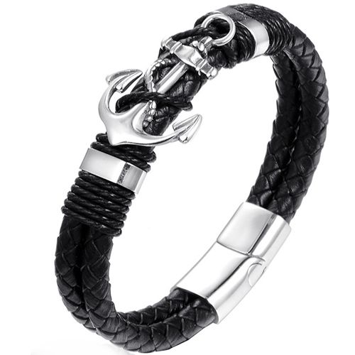 ***COI Titanium Anchor Genuine Leather Bracelet With Steel Clasp(Length: 8.07 inches)-00072A