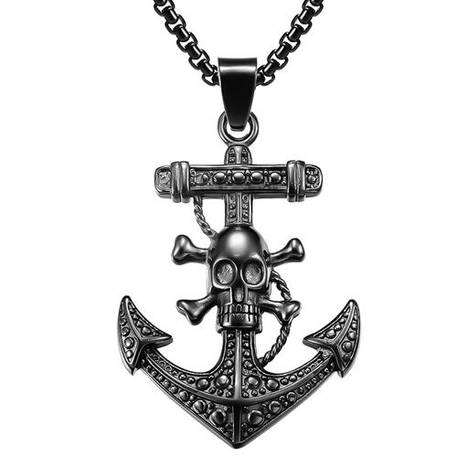 **COI Titanium Black/ Gold Tone Silver Skull & Anchor Pendant-00073A