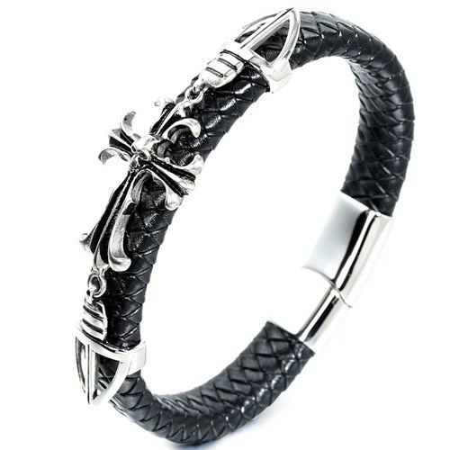 ***COI Titanium Cross Genuine Leather Bracelet With Steel Clasp(Length: 8.27 inches)-00100A