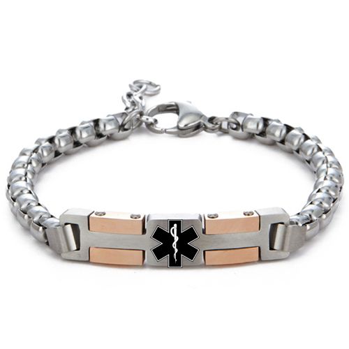 ***COI Titanium Black/Rose Silver Medical Alert Bracelet With Steel Clasp(Length: 7.87 inches) -00173A