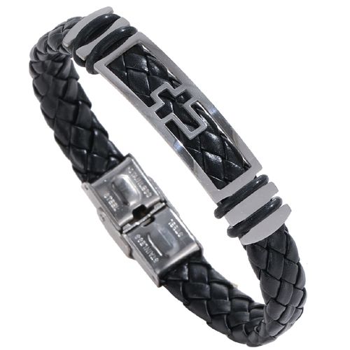 ***COI Titanium Cross Black Genuine Leather Bracelet With Steel Clasp(Length: 8.07 inches)-00180A