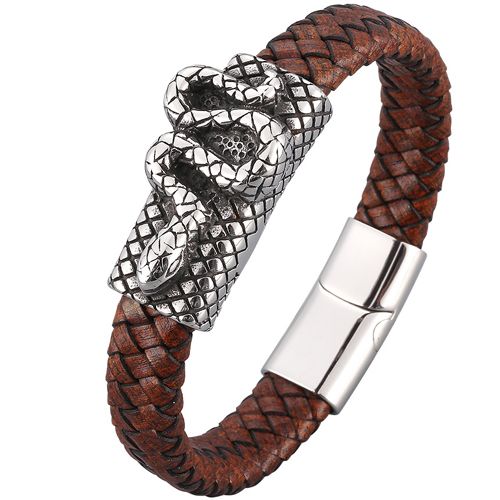 ***COI Titanium Black Silver Snake Genuine Leather Bracelet With Steel Clasp(Length: 8.46 inches)-00189A