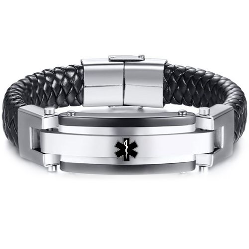 ***COI Titanium Black Silver Medical Alert Genuine Leather Bracelet With Steel Clasp(Length: 8.66 inches)-00235A