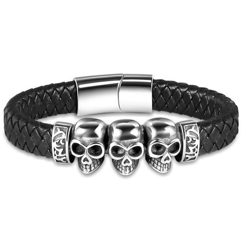 ***COI Titanium Skull Genuine Leather Bracelet With Steel Clasp(Length: 7.87 inches)-00261A
