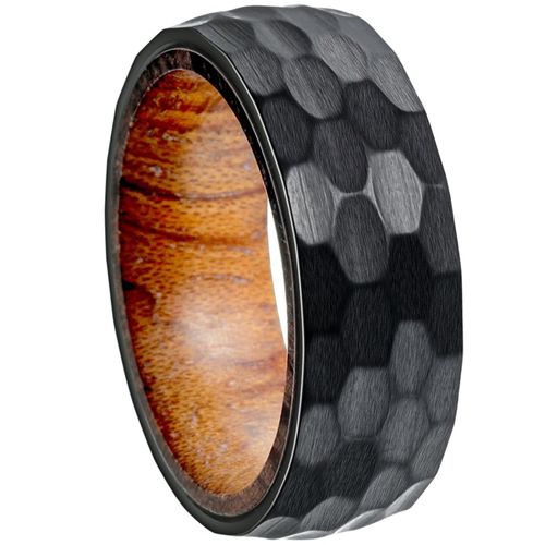 ***COI Titanium Black/Gold Tone/Silver Hammered Ring With Wood-00292A