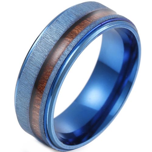***COI Titanium Gold Tone/Blue/Silver Step Edges Ring With Wood-00446A