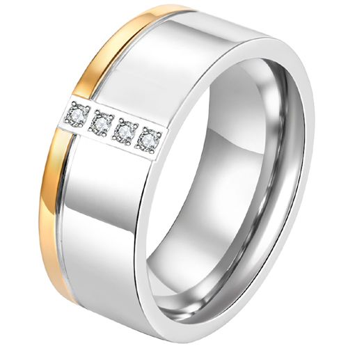 ***COI Titanium Gold Tone Silver Offset Groove Ring With Cubic Zirconia-00467A