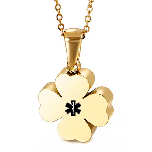 ***COI Titanium Rose/Gold Tone/Silver Four Leaf Clover Medical Alert Pendant-00487A
