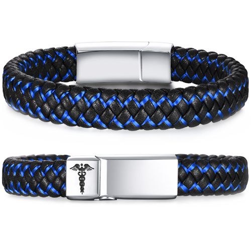 ***COI Titanium Medical Alert Genuine Leather Bracelet With Steel Clasp(Length: 7.28 inches)-00489A