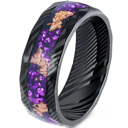 ***COI Black Tungsten Carbide Damascus Ring With Gold Foil & Amethyst-00513A