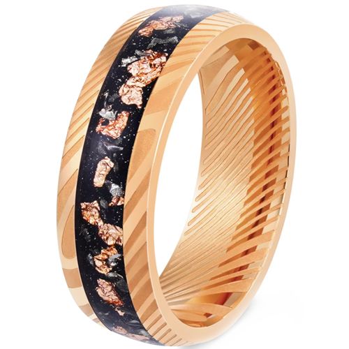 ***COI Tungsten Carbide Gold Tone/Rose Damascus Ring With Gold Foil & Meteorite-00522A