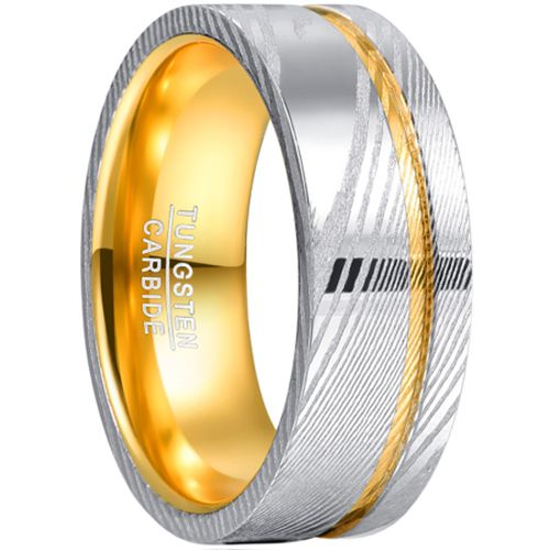 ***COI Tungsten Carbide Gold Tone Silver Offset Groove Damascus Ring-00538A
