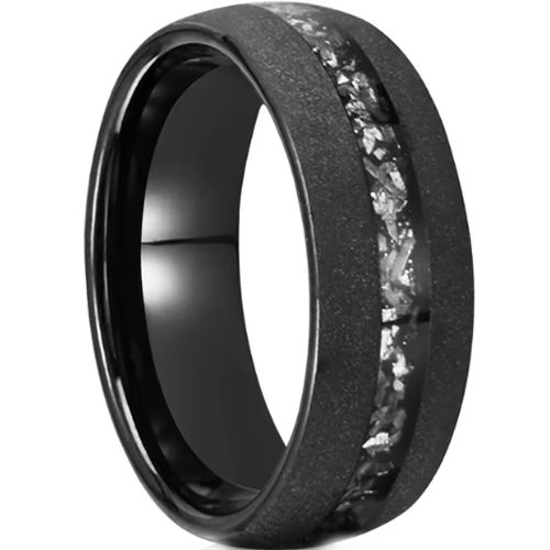 ***COI Black Tungsten Carbide Sandblasted Dome Court Ring With Meteorite-00545A
