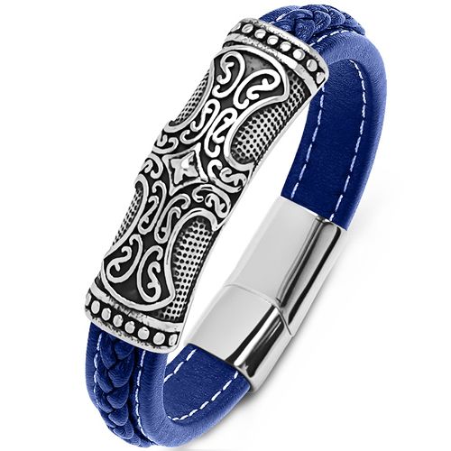 ***COI Titanium Black Silver Cross Genuine Leather Bracelet With Steel Clasp(Length: 9.06 inches)-00556A