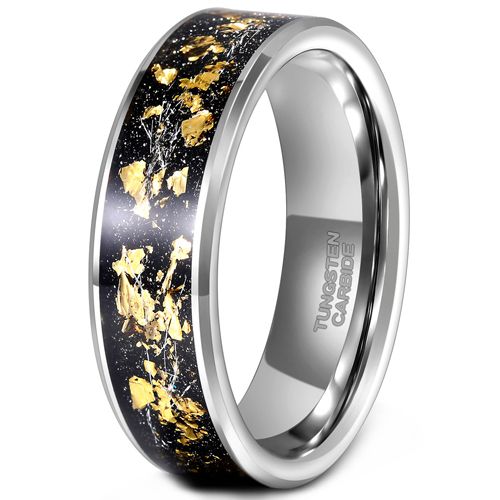 ***COI Tungsten Carbide Pipe Cut Flat Ring With Gold Foil & Meteorite-00572A
