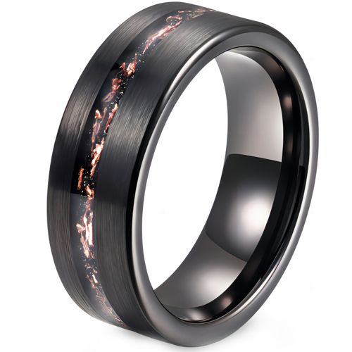 ***COI Black Tungsten Carbide Pipe Cut Flat Ring With Rose Gold Foil & Meteorite-00573A