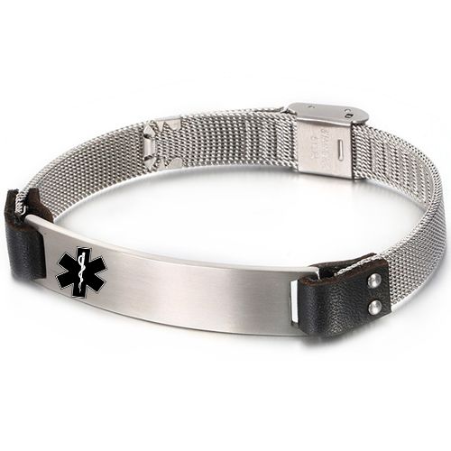 ***COI Titanium Black/Gold Tone/Silver Genuine Leather Medical Alert Bracelet With Steel Clasp(Length: 9.84 inches)-00579A
