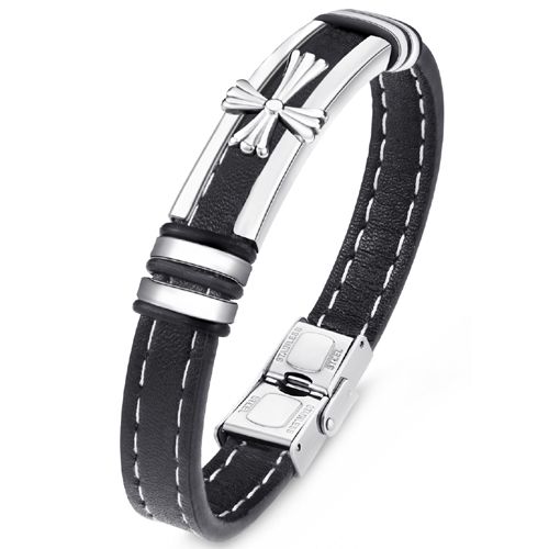 ***COI Titanium Cross Genuine Leather Bracelet With Steel Clasp(Length: 8.27 inches)-00587A