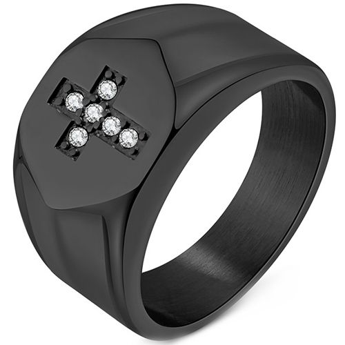 ***COI Titanium Black/Gold Tone/Silver Cross Ring With Cubic Zirconia-00598A