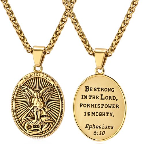 ***COI Titanium Black/Gold Tone/Silver St Michael Protect Us Pendant With Prayer-00604A