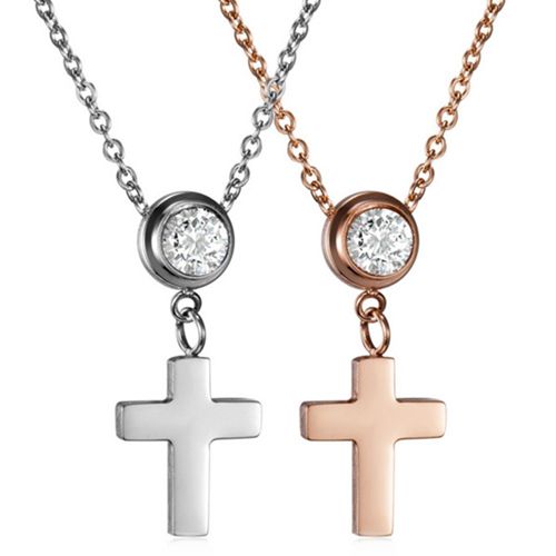 ***COI Titanium Rose/Silver Cross Necklace With Cubic Zirconia(Length: 19.68 inches)-00605A