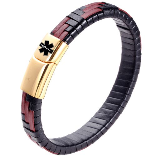 ***COI Titanium Black/Gold Tone/Silver Medical Alert Genuine Leather Bracelet With Steel Clasp(Length: 8.27 inches)-00610A