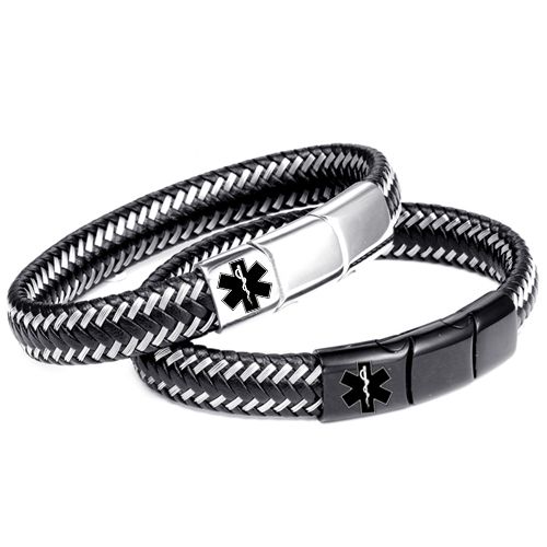 ***COI Titanium Black/Silver Medical Alert Genuine Leather Bracelet With Steel Clasp(Length: 8.27 inches)-00612A