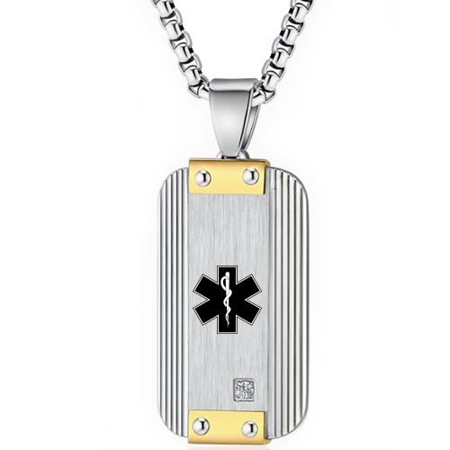 ***COI Titanium Gold Tone Silver Medical Alert Pendant With Cubic Zirconia-00658A