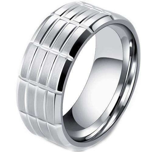 ***COI Titanium Black/Silver Grooves Beveled Edges Ring-00670A