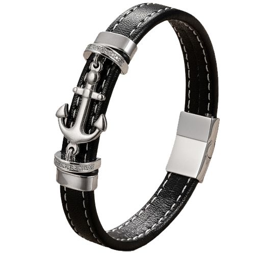***COI Titanium Black/Gold Tone/Silver Anchor Cubic Zirconia Genuine Leather Bracelet With Steel Clasp(Length: 8.27 inches)-00727A