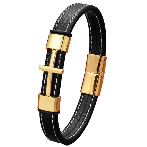 ***COI Titanium Black/Gold Tone/Silver Cross Genuine Leather Bracelet With Steel Clasp(Length: 9.06 inches)-00728A