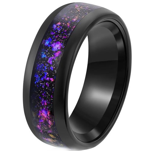 ***COI Black Tungsten Carbide Dome Court Ring With Crushed Opal & Meteorite-00807A