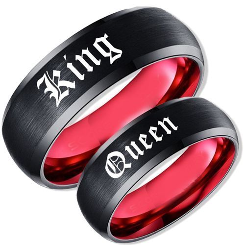 ***COI Titanium Black Red King Queen Beveled Edges Ring-00818A