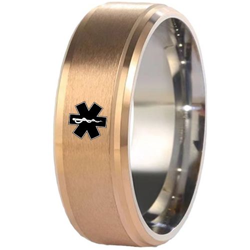 ***COI Titanium Gold Tone Silver Medical Alert Step Edges Ring-00852A