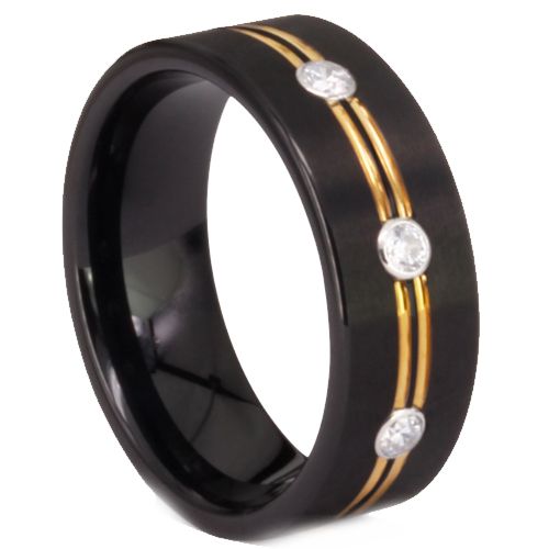 ***COI Titanium Black Gold Tone Double Grooves Ring With Cubic Zirconia-00853A
