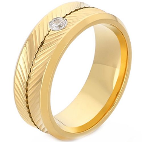 ***COI Titanium Black/Gold Tone/Silver Diagonal Grooves Ring With Cubic Zirconia-00856A