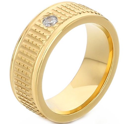 ***COI Titanium Gold Tone/Silver Grooves Step Edges Ring With Cubic Zirconia-00857A
