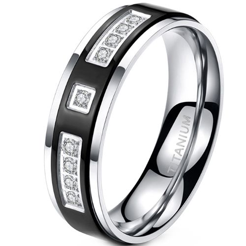 ***COI Titanium Black Silver Step Edges Ring With Cubic Zirconia-00859A