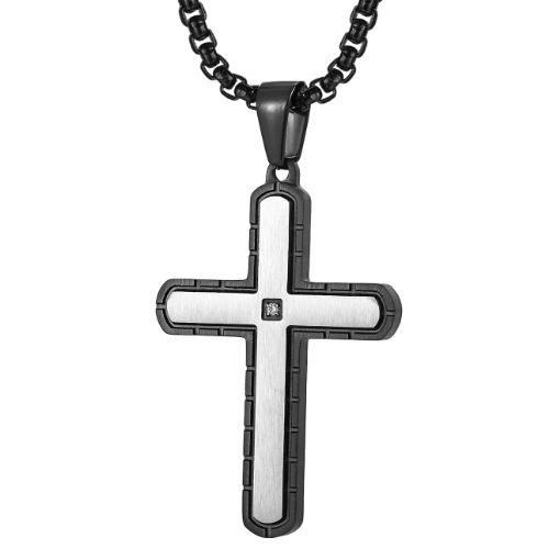 ***COI Titanium Black Silver Cross Pendant With Cubic Zirconia-00865A