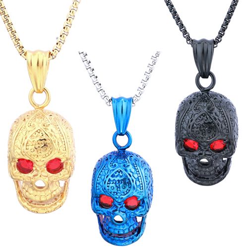 ***COI Titanium Black/Blue/Gold Tone Skull Pendant With Created Red Ruby-00872A