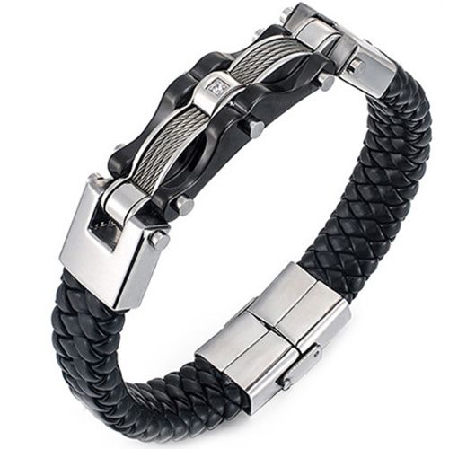 ***COI Titanium Black Silver/Black Gold Tone/Silver Wire Cubic Zirconia Bracelet With Steel Clasp(Length: 8.27 inches)-00885A