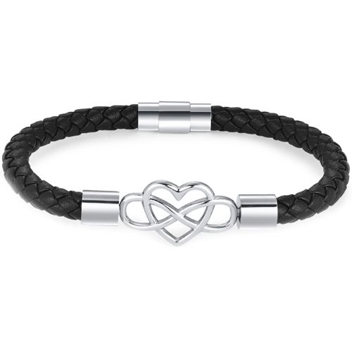 ***COI Titanium Black/Silver Infinity Heart Genuine Leather Bracelet With Steel Clasp(Length: 8.27 inches)-00890A